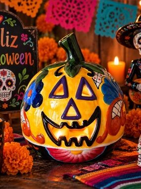 Blue sky clayworks Halloween Talavera pumpkin tea light ceramic decor